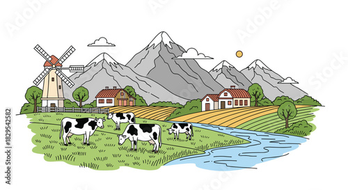 A peaceful rural landscape illustration with cows grazing in a field by a river with a windmill and mountains in the background.