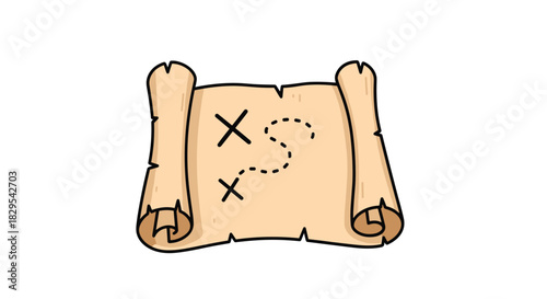 A simple cartoon illustration of an old rolled-up pirate treasure map made of parchment with a dotted line path and X marks.