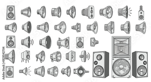 A large collection of audio speakers and megaphones in a vintage hand-drawn engraving style on a clean white background.