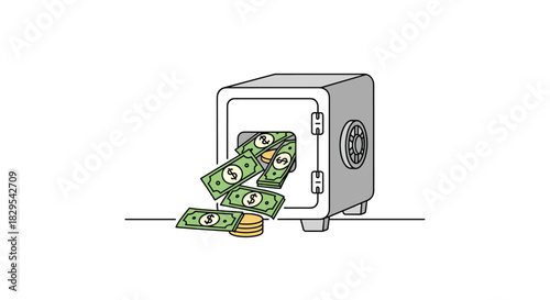 A simple cartoon illustration of a gray metal safe with its door open and money including banknotes and coins spilling out.
