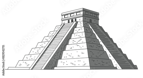 A detailed black and white line art illustration of the Mayan pyramid Chichen Itza in Mexico on a clean white background.