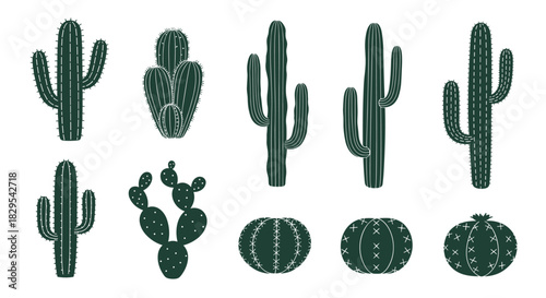 A set of various types of cacti including saguaro and prickly pear in a dark green silhouette style on a white background.