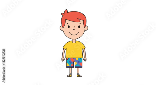A cute and simple full-body cartoon illustration of a little boy with red hair wearing a yellow shirt and colorful shorts.