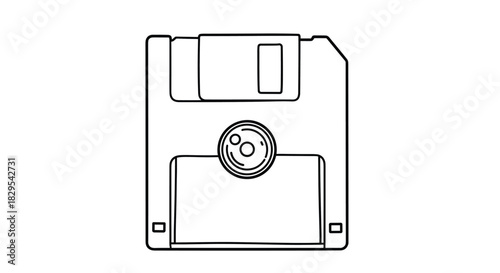 A minimalist black and white line art illustration of a retro 3.5-inch floppy disk used for old computer data storage.