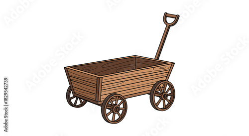 A simple hand-drawn cartoon illustration of an empty old-fashioned wooden wagon or cart with four wheels and a long handle.