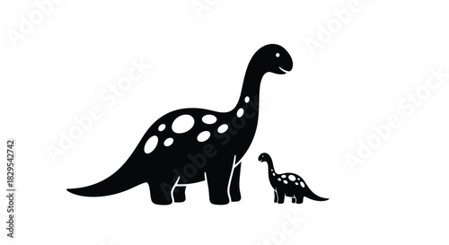 A cute black and white silhouette of a mother and baby brachiosaurus dinosaur duo standing together on a white background.