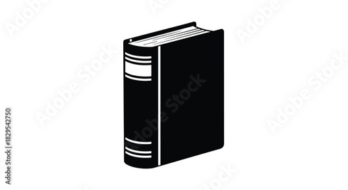 A simple black and white silhouette icon of a thick hardcover book standing upright showing its spine and front cover.