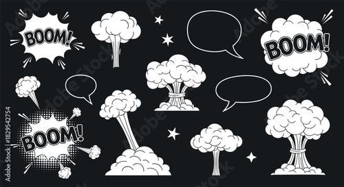 A set of white comic book style explosions mushroom clouds stars and speech bubbles on a solid black background illustration.