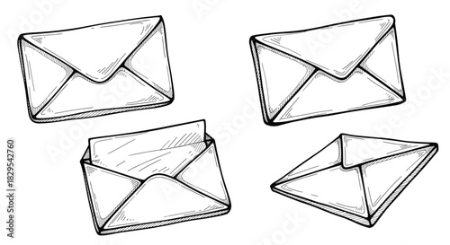 A collection of four hand-drawn sketch illustrations of postal envelopes some open and some sealed on a white background.