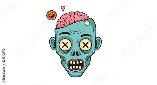 A quirky cartoon zombie head with an exposed brain crossed-out eyes and a floating heart and jack-o-lantern for Halloween.