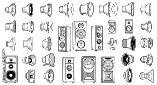 A massive collection of various audio speakers and sound equipment drawn in a detailed vintage engraving or woodcut style.
