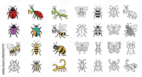 Diverse collection of cute cartoon insect and bug illustrations in both full color and black and white line art styles.