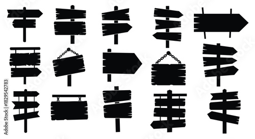 Collection of black silhouette vector icons of various rustic wooden signs signposts and directional arrow shapes.