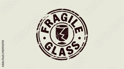 A fragile glass stamp with cracked glass in the center on a light beige background in a circle