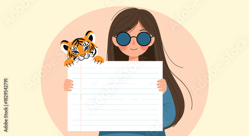 Cute cartoon girl with sunglasses and a tiger cub character holding a blank white sign for custom text or message.