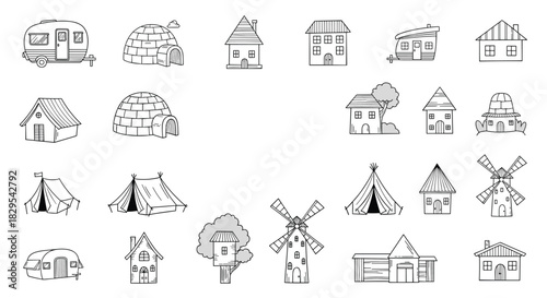 A diverse set of hand-drawn houses and dwellings in a simple black and white outline doodle style for coloring.