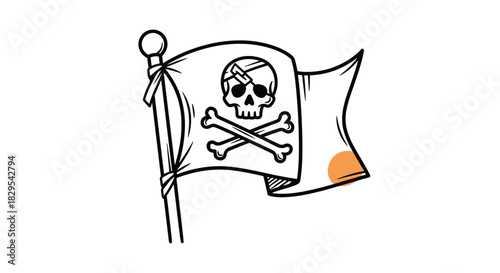 A black and white doodle of a pirate flag or jolly roger with a skull and crossbones waving on a flagpole.
