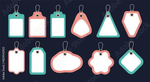 A colorful set of blank price tags and labels in various shapes with strings for retail and sale promotions.
