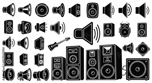 A large collection of black silhouette icons of various audio speakers subwoofers and sound system equipment.