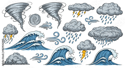 A set of vintage engraving style illustrations of dramatic weather phenomena including tornados storms and ocean waves.