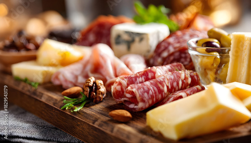 Wallpaper Mural set of various meat and cheese snacks on wooden cutting board, closeup of delicatessen served for party Torontodigital.ca