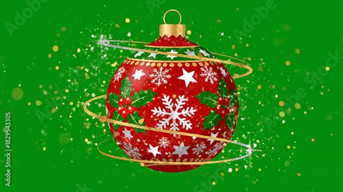 Vibrant christmas ornament rendering featuring gold glitter dynamic effects on green screen ready for video compositing advertising