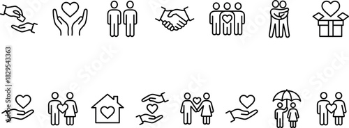 Outline Vector Icon Set Illustrating Charity, Love, Friendship, and Social Support with Hands, Hearts, People, Hugs, and Donation Symbols for Websites and Apps.