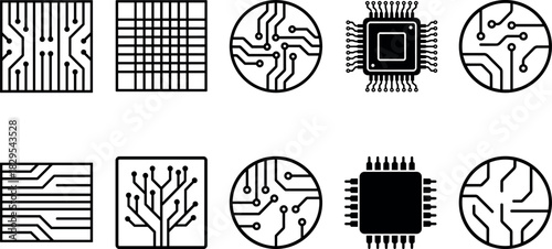 Set of Black Chip and Circuit Board Icons Representing Technology, Computer Processor, Electronic Components, Microchip, Artificial Intelligence, and Digital Data Connections on White Background.
