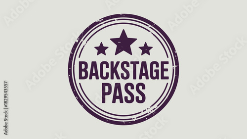 A purple backstage pass stamp with three stars inside of a circle on a light background color image