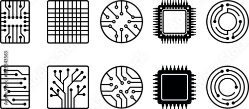 Set of Black Chip and Circuit Board Icons Representing Technology, Computer Processor, Electronic Components, Microchip, Artificial Intelligence, and Digital Data Connections on White Background.