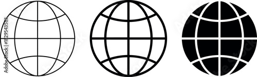 Set of Globe Icons Representing World Wide Web, Internet, Global Communication, Browser Access, Language Selector, and Worldwide Connection in Outline and Solid Black Style.