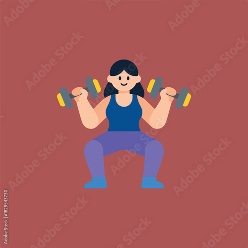 A cartoon woman with black hair and a blue top and pants does a squat while holding dumbbells with gray handles and yellow weights.