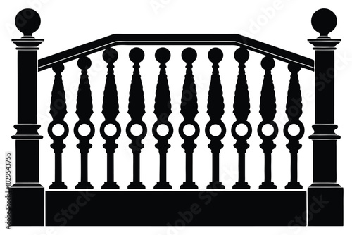 Silhouette of a beautiful railing showcases detailed balusters and elegant sphere topped posts with fine woodworking