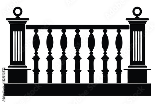 Black silhouette showcases an elegant balustrade with classical columns and ornate balusters against a white background