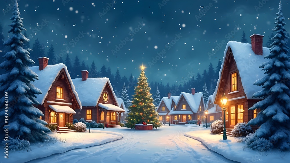 Naklejka premium Snowy Christmas village with wooden houses, glowing lights and a decorated tree at night. Peaceful winter holiday scene perfect for seasonal designs.