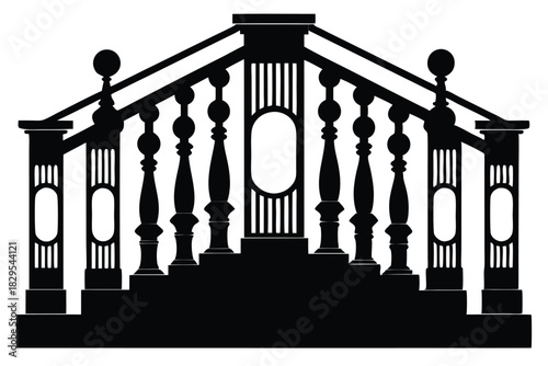 Symmetrical black staircase silhouette displays elegant balusters and detailed railing structure against a bright white backdrop