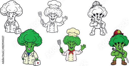 Cute Broccoli Character Set as Doctor, Chef, and Firefighter – Fun Vegetable Mascot Illustrations (Brassica oleracea var. italica)