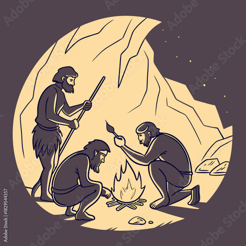 Cavemen gather around a fire in a dark cave.