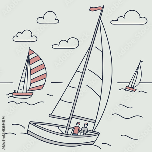Sailboat regatta competition on open sea, flat illustration.