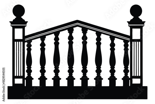 Ornamental balustrade shows distinctive details featuring posts topped with spheres on a stark white canvas