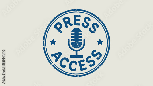 A blue press access stamp with a microphone and stars in a circular design on a light background image