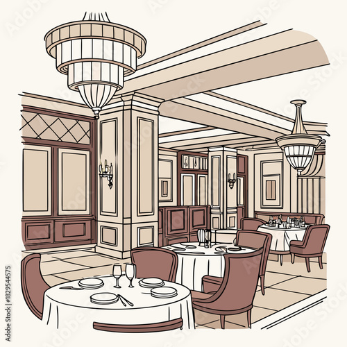 Vector illustration of an elegant, upscale restaurant interior with fancy dining tables and a chandelier.