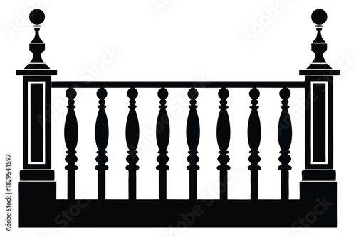 Black silhouette shows ornate balustrade or railing with decorative posts on a white backdrop