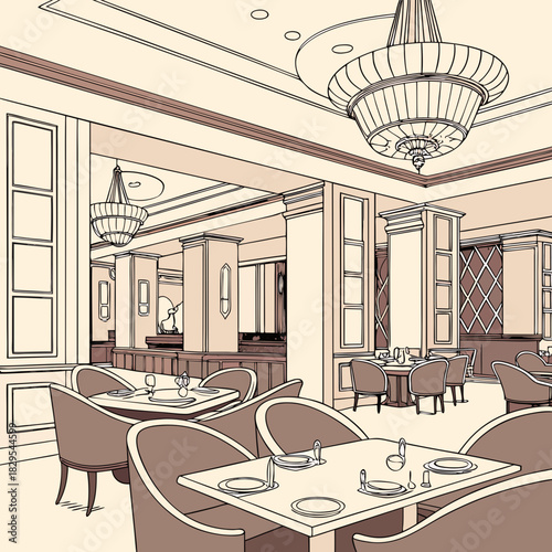 Vector illustration of an elegant, upscale restaurant interior with fancy dining tables and a chandelier.