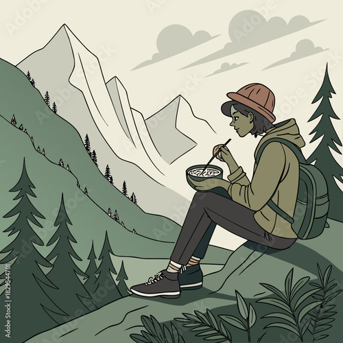 A lone vector traveler enjoys a rice bowl amidst a scenic mountain landscape.