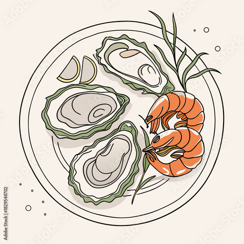 A sophisticated vector illustration of fine dining seafood, featuring exquisite oysters and glistening