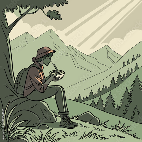 A lone vector traveler enjoys a rice bowl amidst a scenic mountain landscape.