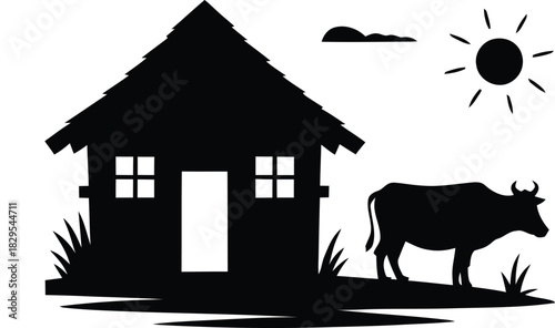 Black silhouette vector illustration of a cow on a farm with a cottage house building icon and real estate property logo design
