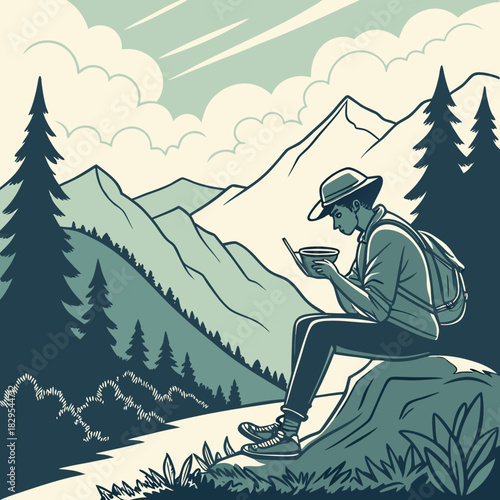 A lone vector traveler enjoys a rice bowl amidst a scenic mountain landscape.