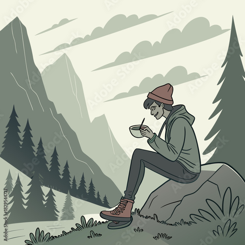 A lone vector traveler enjoys a rice bowl amidst a scenic mountain landscape.